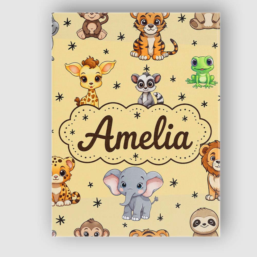 Personalised Name Cute Cartoon Safari Custom Modern Room Accent Creative Decorator Style Canvas Wall Art Print Decor Picture Ready to Hang