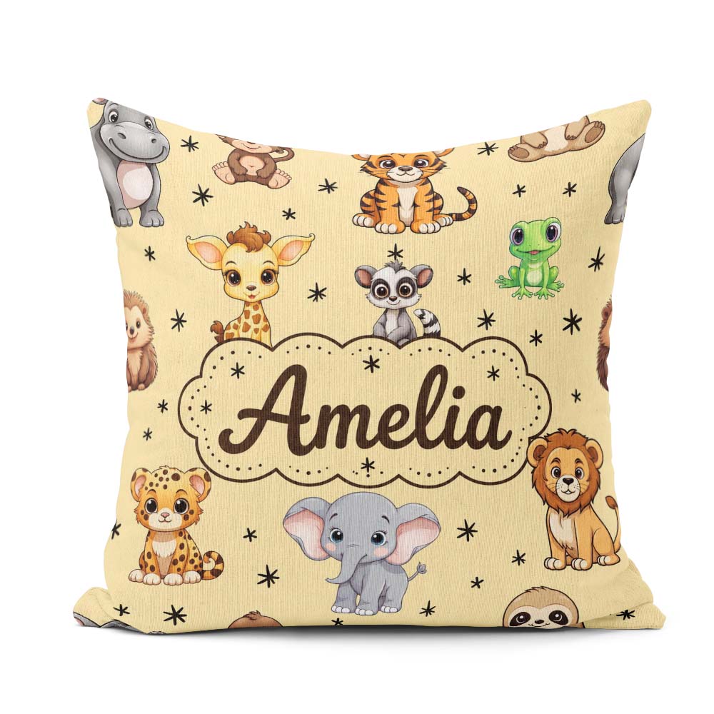 Custom Name Cute Cartoon Safari Animals with Stars on Warm Beige Square Filled Cushion Throw Pillow Sofa Bed Home Decor Zip Washable UK Made