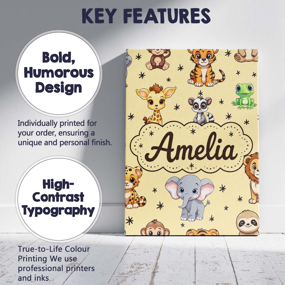 Personalised Name Cute Cartoon Safari Custom Modern Room Accent Creative Decorator Style Canvas Wall Art Print Decor Picture Ready to Hang