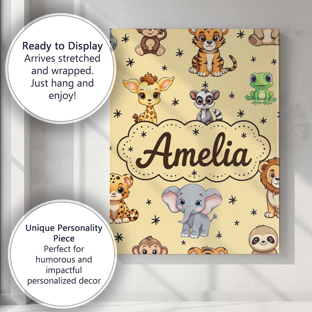 Personalised Name Cute Cartoon Safari Custom Modern Room Accent Creative Decorator Style Canvas Wall Art Print Decor Picture Ready to Hang