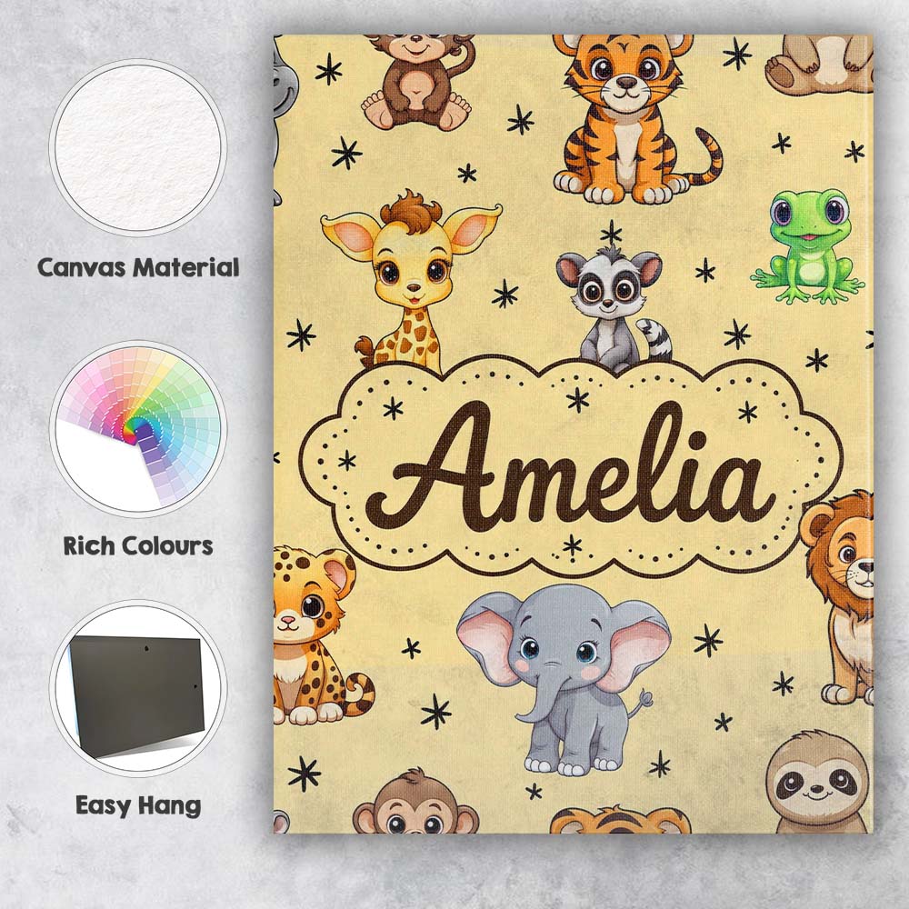 Personalised Name Cute Cartoon Safari Custom Modern Room Accent Creative Decorator Style Canvas Wall Art Print Decor Picture Ready to Hang