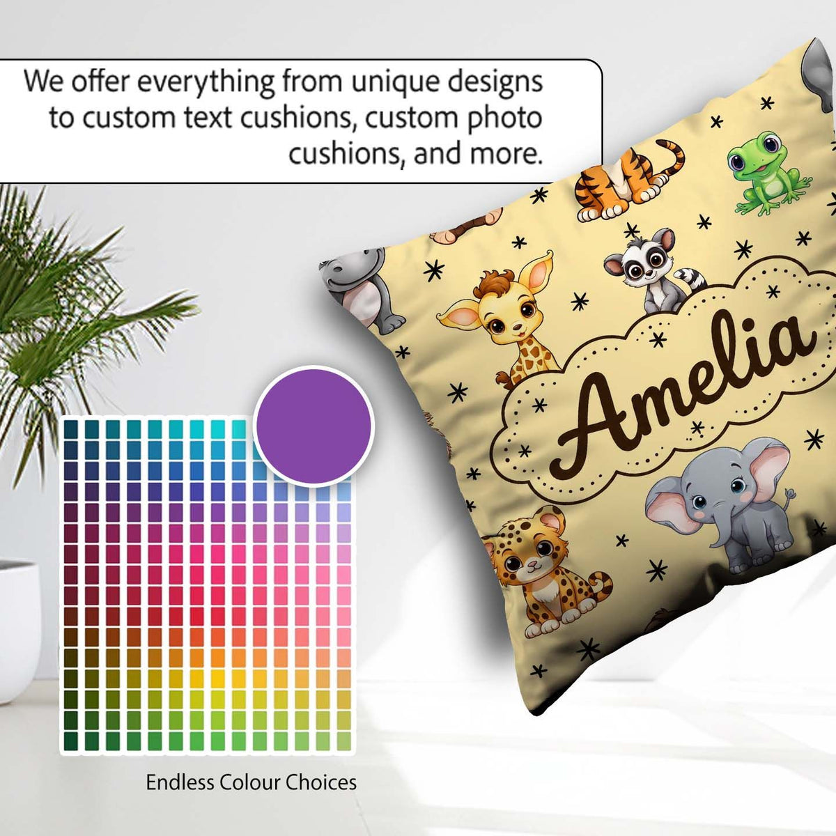 Custom Name Cute Cartoon Safari Animals with Stars on Warm Beige Square Filled Cushion Throw Pillow Sofa Bed Home Decor Zip Washable UK Made