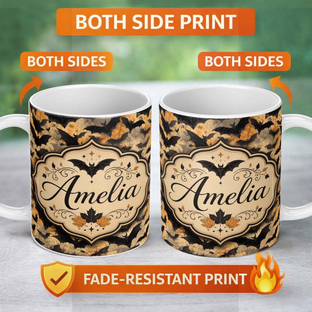Personalized Custom Name Vintage Halloween Bats in Autumn Leaves Moody Orange and Black 11oz Ceramic Coffee Tea Mug White Large Handle