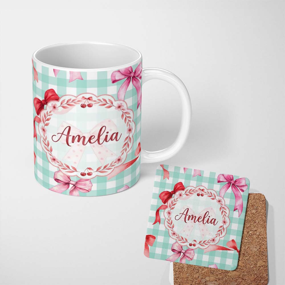Personalized Custom Name Watercolor Red and Pink Ribbon Bows Mint Gingham Check Background 11oz Ceramic Coffee Tea Mug White Large Handle