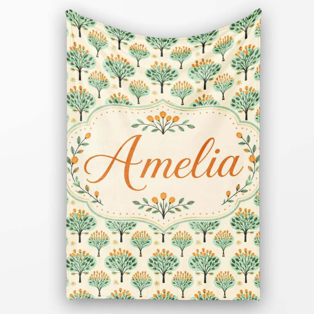 Stylised Green Trees with Orange Berries Seamless Retro Pattern  Personalised Custom Name Super Soft Fleece Blanket Bed Sofa Throw