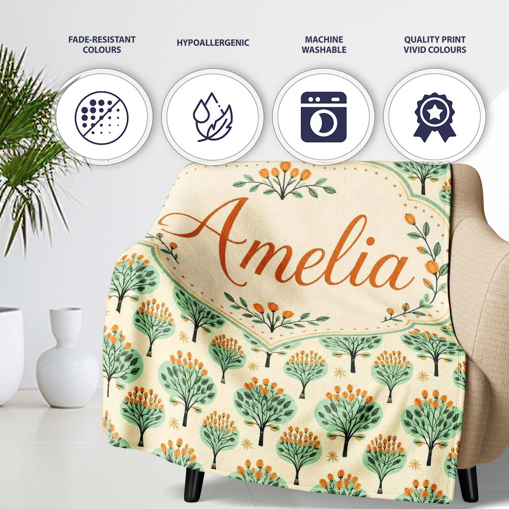 Stylised Green Trees with Orange Berries Seamless Retro Pattern  Personalised Custom Name Super Soft Fleece Blanket Bed Sofa Throw
