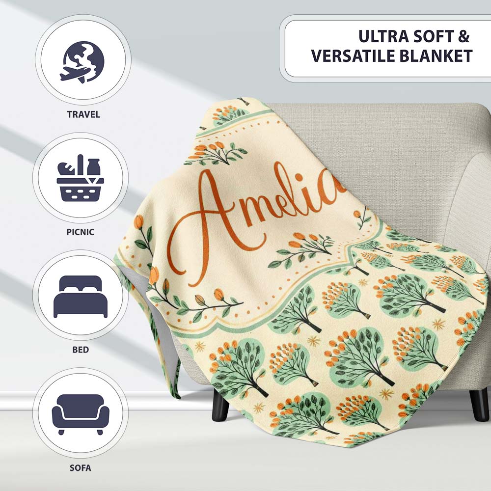 Stylised Green Trees with Orange Berries Seamless Retro Pattern  Personalised Custom Name Super Soft Fleece Blanket Bed Sofa Throw