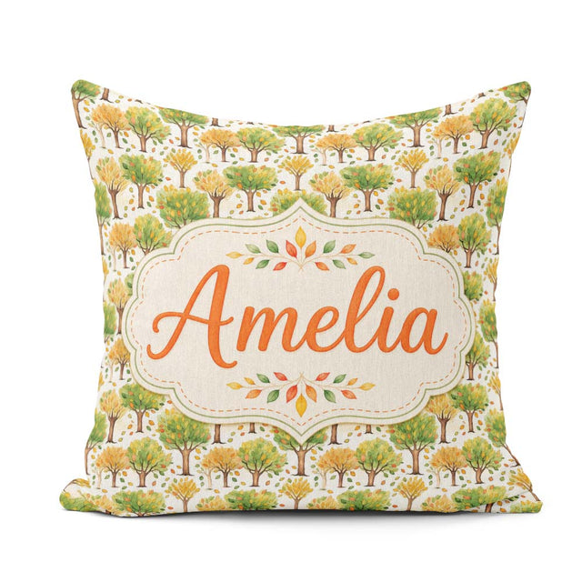 Custom Name Watercolour Autumn Trees with Falling Leaves Pattern Square Filled Cushion Throw Pillow Sofa Bed Home Decor Zip Washable UK Made