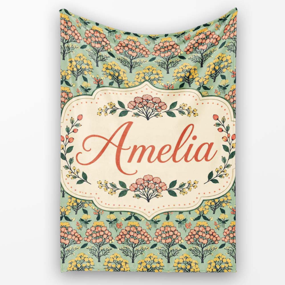 Floral Botanical Bush Pattern with Yellow and Coral Blossoms Lovely  Personalised Custom Name Super Soft Fleece Blanket Bed Sofa Throw