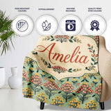 Floral Botanical Bush Pattern with Yellow and Coral Blossoms Lovely  Personalised Custom Name Super Soft Fleece Blanket Bed Sofa Throw