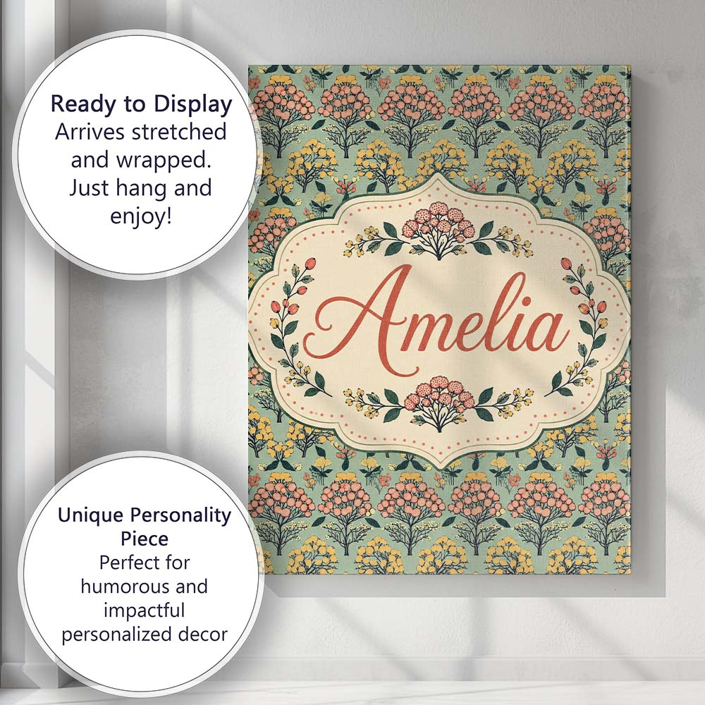Personalised Name Floral Botanical Bush Custom  Modern Room Accent Elegant Feature Canvas Wall Art Print Decor Picture Ready to Hang