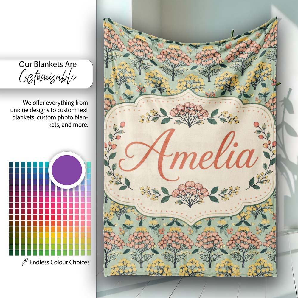 Floral Botanical Bush Pattern with Yellow and Coral Blossoms Lovely  Personalised Custom Name Super Soft Fleece Blanket Bed Sofa Throw
