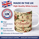 Personalized Custom Name Classic Christmas Holly Poinsettia Baubles Seamless Pattern Festive 11oz Ceramic Coffee Tea Mug White Large Handle