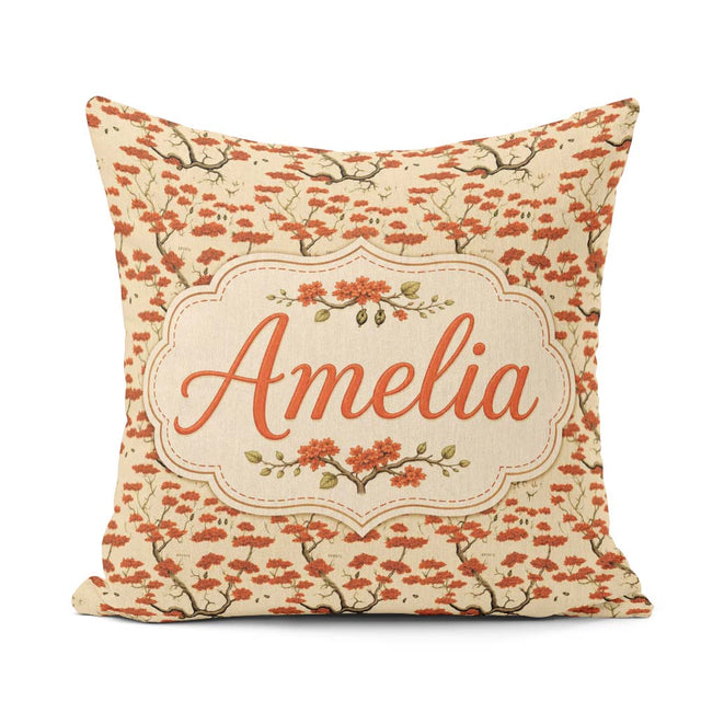Custom Name Elegant Oriental Style Red Blossom Trees Seamless on Square Filled Cushion Throw Pillow Sofa Bed Home Decor Zip Washable UK Made