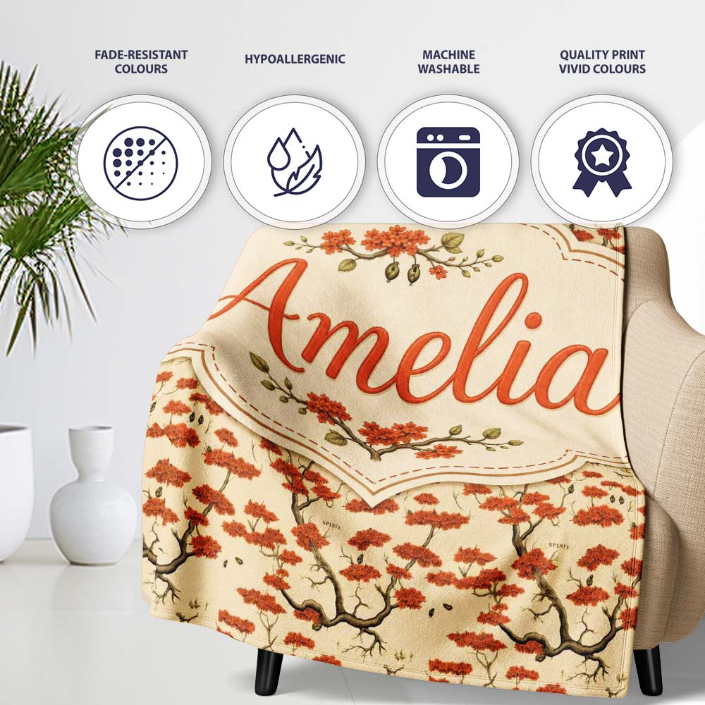 Elegant Oriental Style Red Blossom Trees Seamless Pattern on Cream  Personalised Custom Name Super Soft Fleece Blanket Bed Sofa Throw