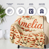 Elegant Oriental Style Red Blossom Trees Seamless Pattern on Cream  Personalised Custom Name Super Soft Fleece Blanket Bed Sofa Throw