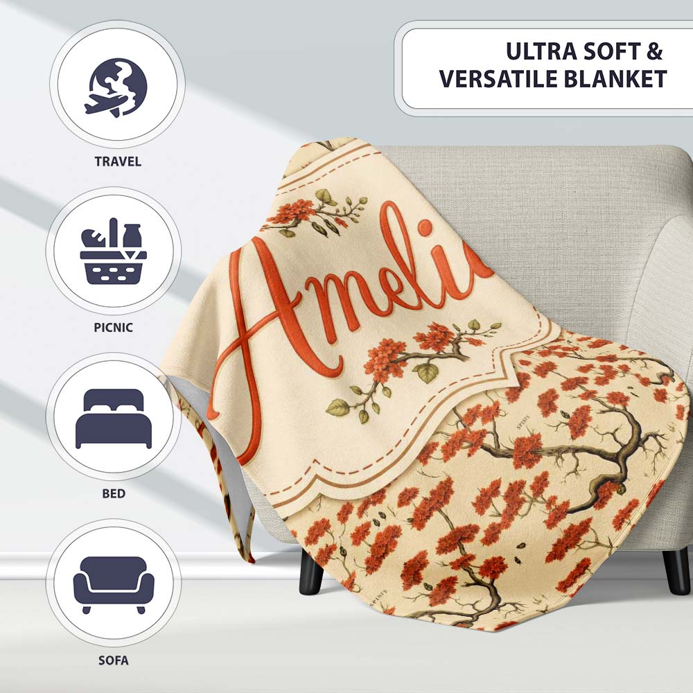 Elegant Oriental Style Red Blossom Trees Seamless Pattern on Cream  Personalised Custom Name Super Soft Fleece Blanket Bed Sofa Throw