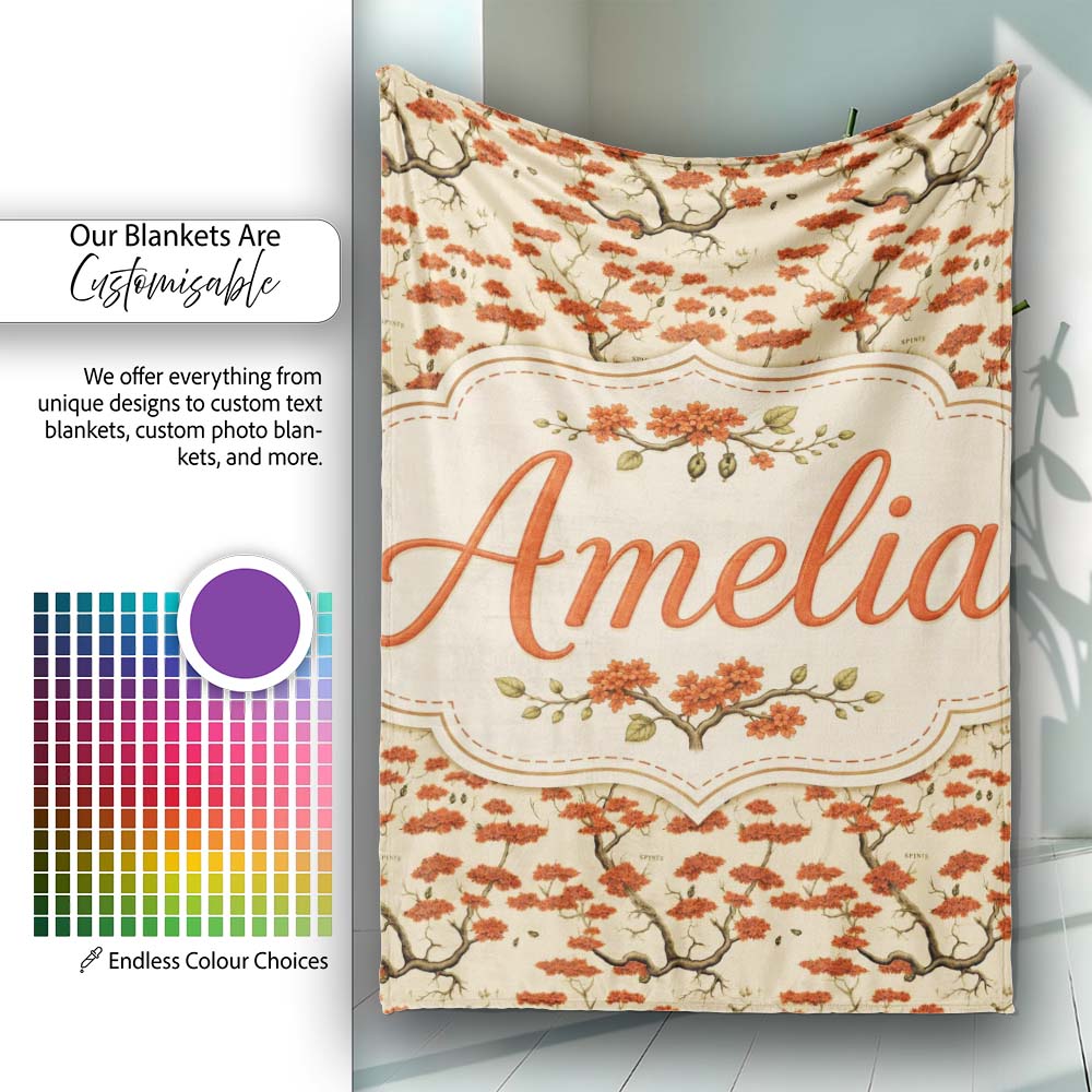 Elegant Oriental Style Red Blossom Trees Seamless Pattern on Cream  Personalised Custom Name Super Soft Fleece Blanket Bed Sofa Throw