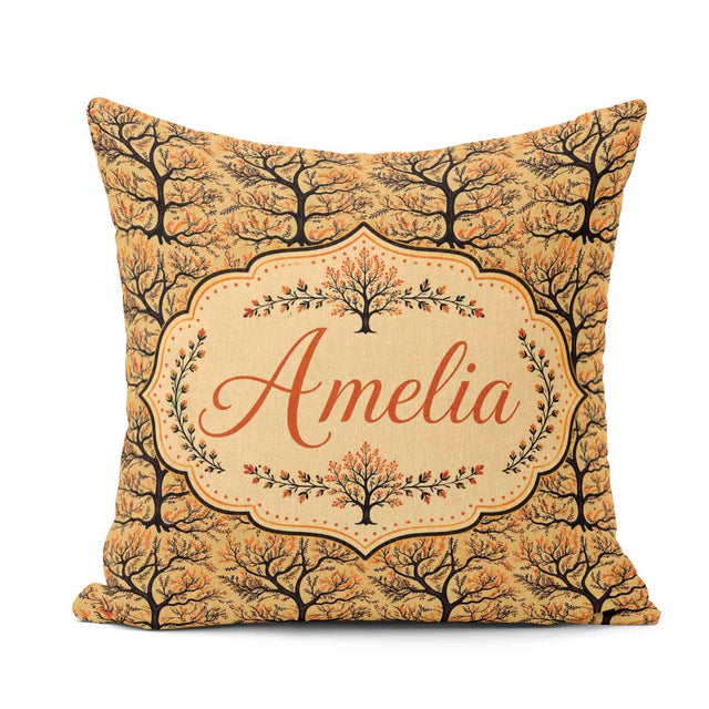 Custom Name Autumn Branch Silhouette Tree Pattern in Warm Earthy Square Filled Cushion Throw Pillow Sofa Bed Home Decor Zip Washable UK Made