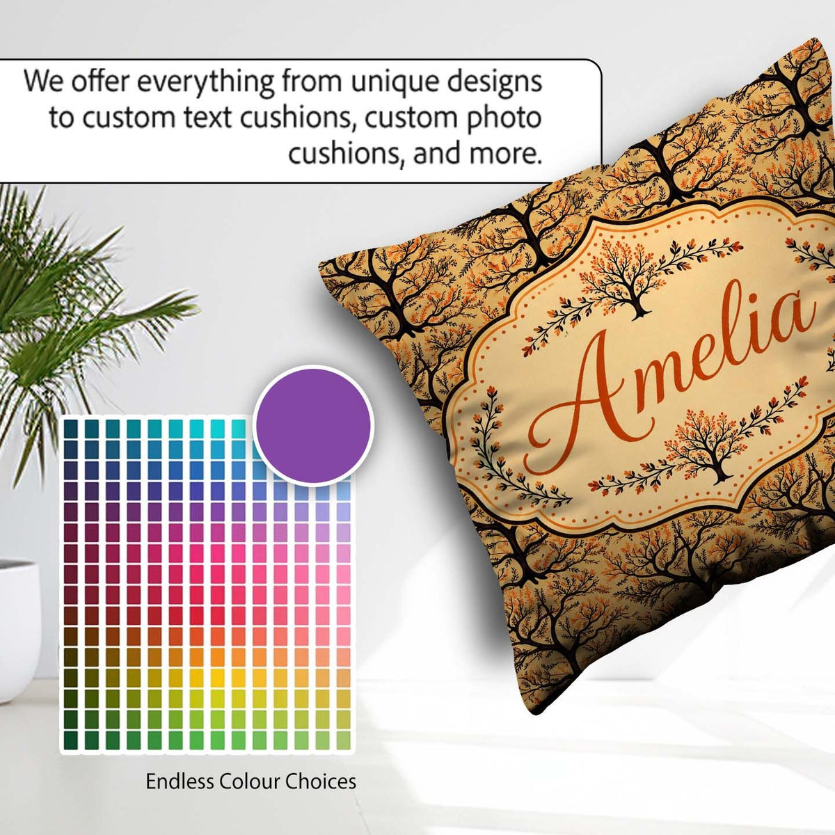 Custom Name Autumn Branch Silhouette Tree Pattern in Warm Earthy Square Filled Cushion Throw Pillow Sofa Bed Home Decor Zip Washable UK Made