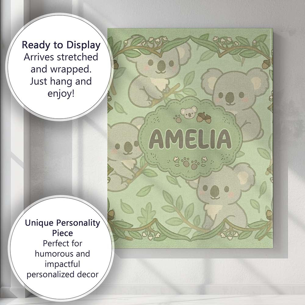 Personalised Name Cute Koala Cartoon Animal Pattern Thoughtful Custom  Decorative Canvas Wall Art Print Decor Picture Ready to Hang