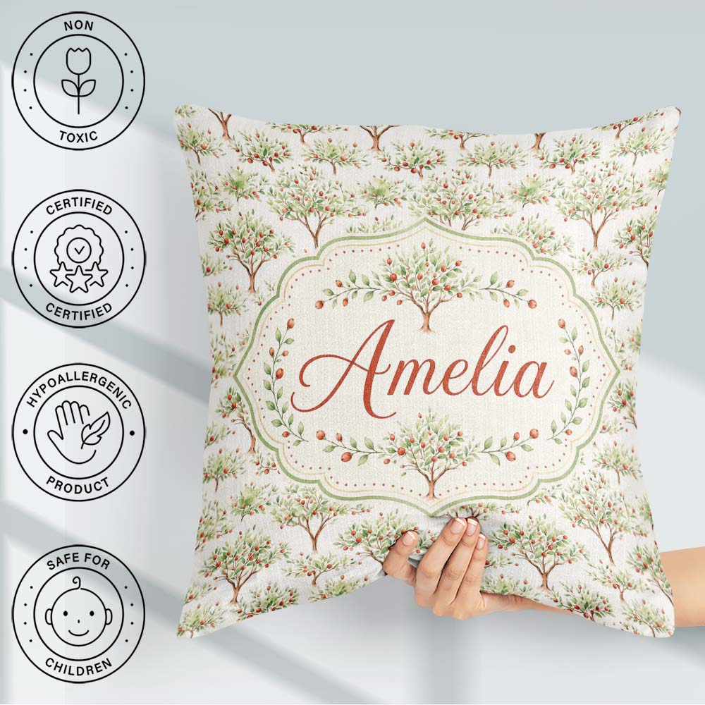 Custom Name Apple Tree Motif with Soft Green Leaves on Cream Square Filled Cushion Throw Pillow Sofa Bed Home Decor Zip Washable UK Made