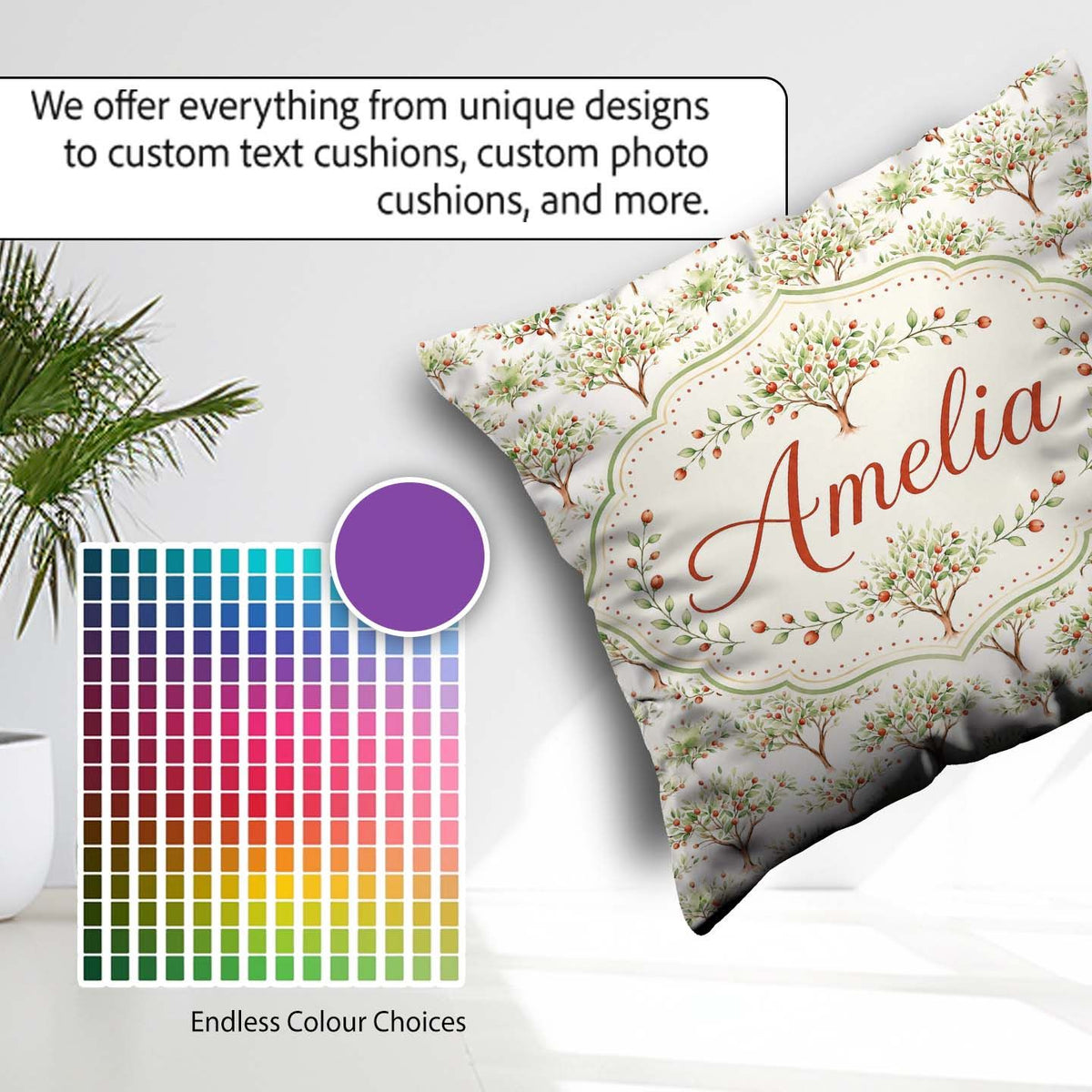 Custom Name Apple Tree Motif with Soft Green Leaves on Cream Square Filled Cushion Throw Pillow Sofa Bed Home Decor Zip Washable UK Made