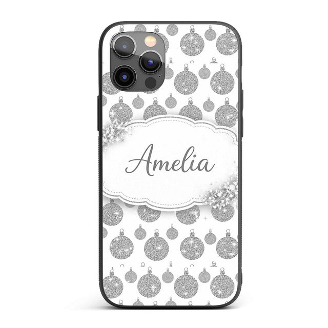 Silver Glitter Bauble Christmas Pattern Minimal Custom Name Protective Phone Case Mobile Cover Durable Everyday Smartphone Shock Resistant