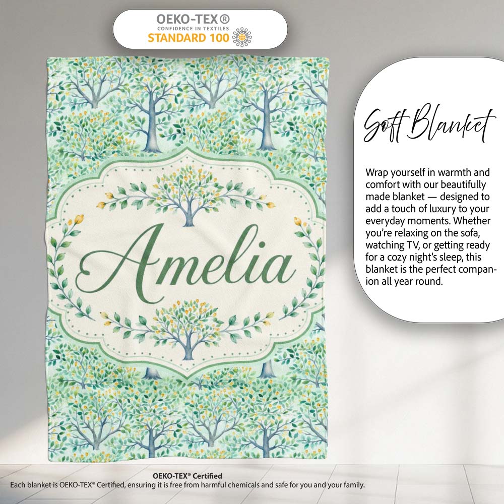 Soft Blue Green Stylised Trees with Delicate Leaves Seamless Pattern  Personalised Custom Name Super Soft Fleece Blanket Bed Sofa Throw