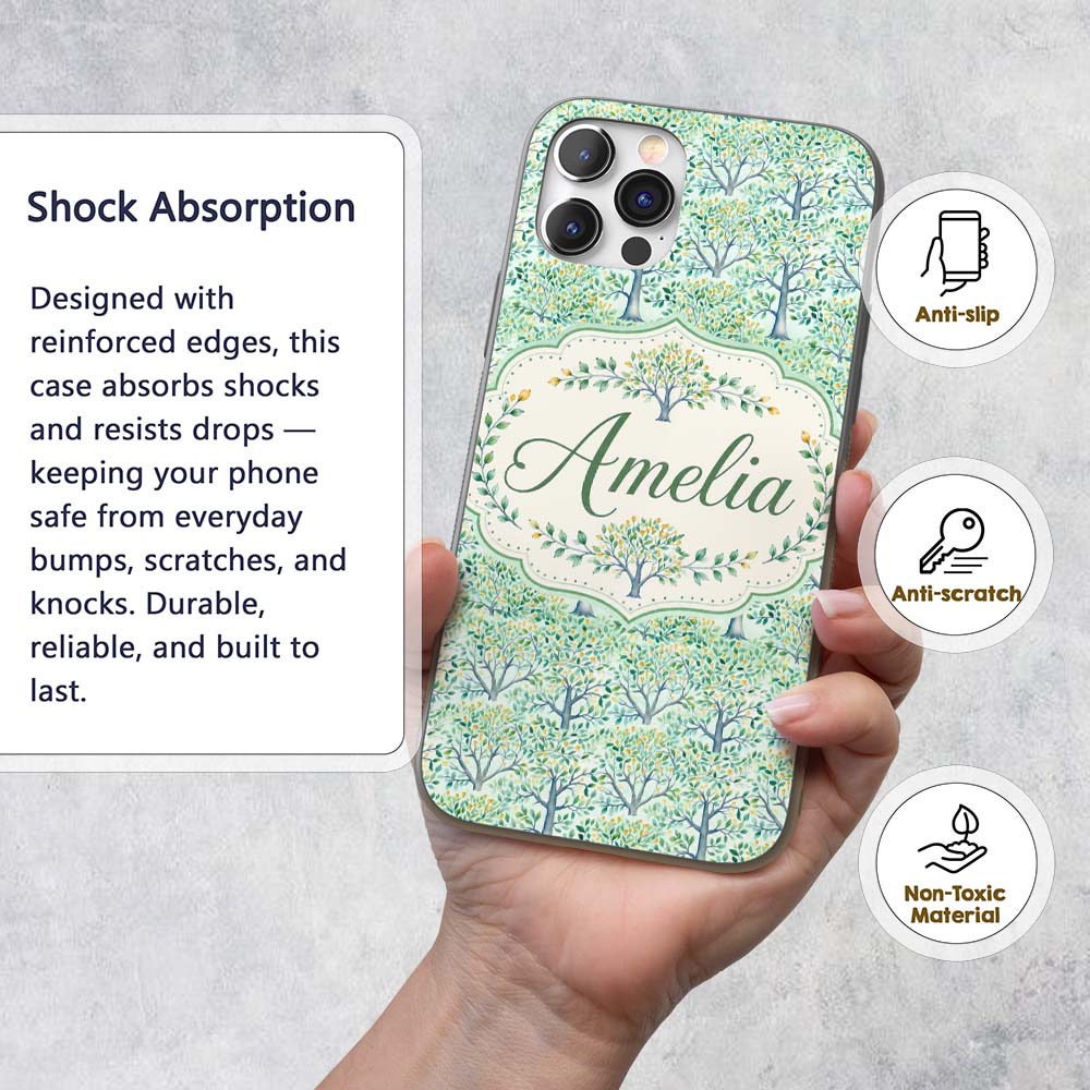 Soft Blue Green Stylised Trees with Delicate Custom Name Protective Phone Case Mobile Cover Durable Everyday Smartphone Shock Resistant