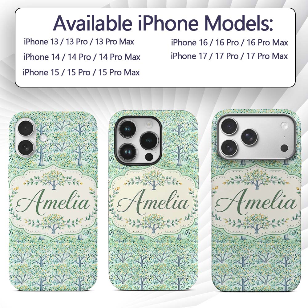 Soft Blue Green Stylised Trees with Delicate Custom Name Protective Phone Case Mobile Cover Durable Everyday Smartphone Shock Resistant