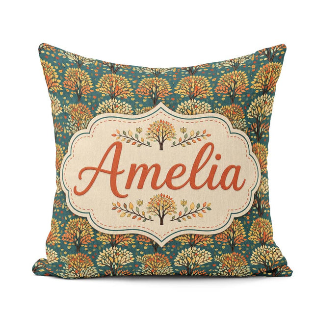 Custom Name Decorative Autumn Trees in Teal and Orange Art Style Square Filled Cushion Throw Pillow Sofa Bed Home Decor Zip Washable UK Made