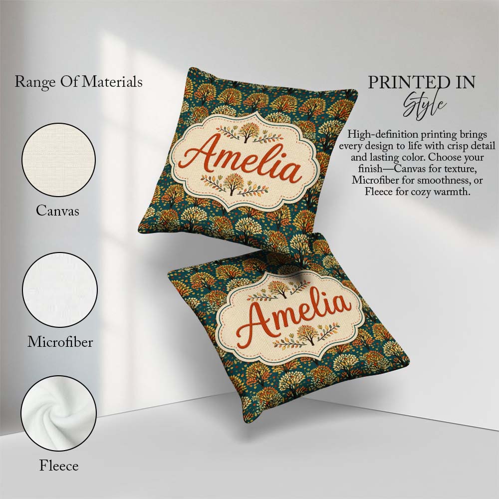 Custom Name Decorative Autumn Trees in Teal and Orange Art Style Square Filled Cushion Throw Pillow Sofa Bed Home Decor Zip Washable UK Made