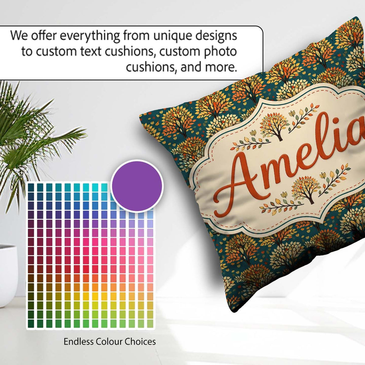 Custom Name Decorative Autumn Trees in Teal and Orange Art Style Square Filled Cushion Throw Pillow Sofa Bed Home Decor Zip Washable UK Made