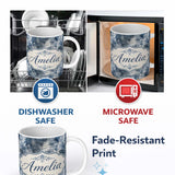 Personalized Custom Name Vintage Blue Watercolour Floral Toile Seamless Pattern with Lovely 11oz Ceramic Coffee Tea Mug White Large Handle