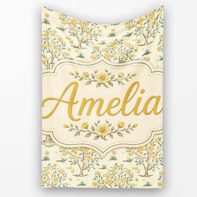 Vintage Floral Tree Design with Yellow Blossoms on Cream Background  Personalised Custom Name Super Soft Fleece Blanket Bed Sofa Throw
