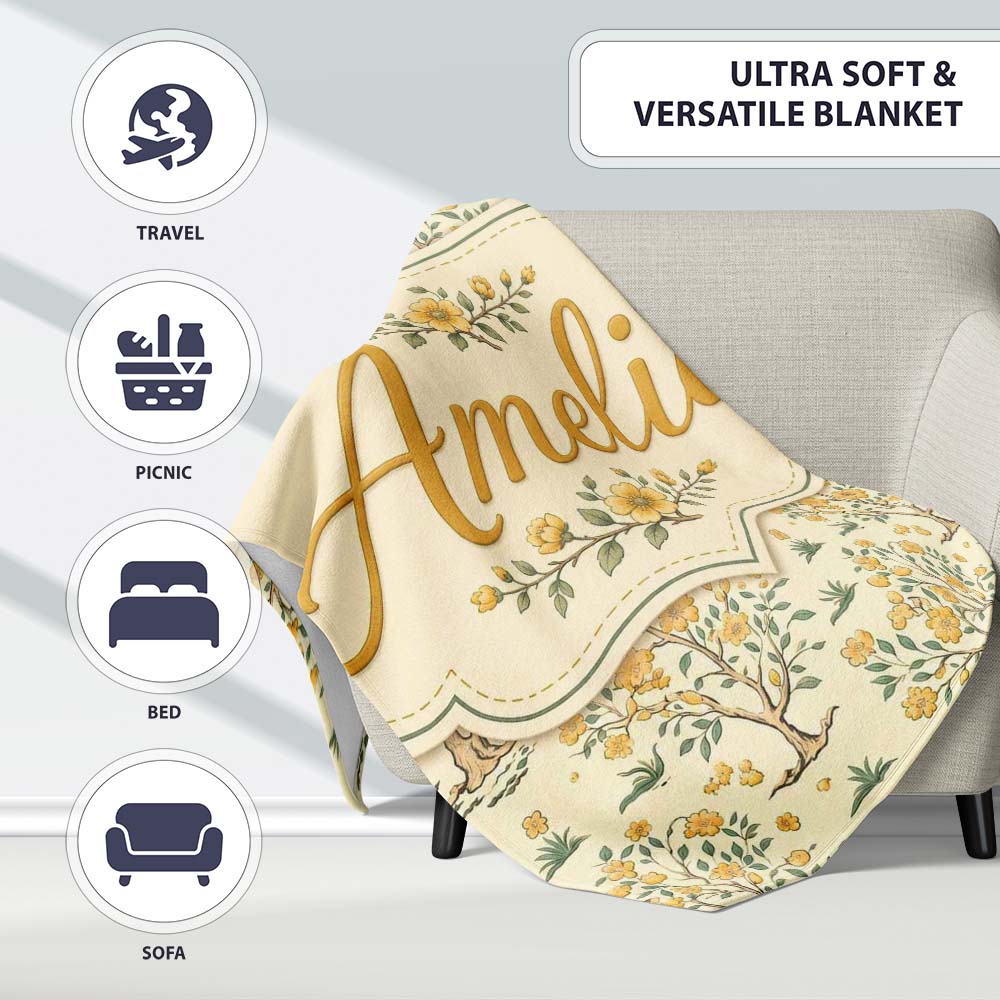 Vintage Floral Tree Design with Yellow Blossoms on Cream Background  Personalised Custom Name Super Soft Fleece Blanket Bed Sofa Throw
