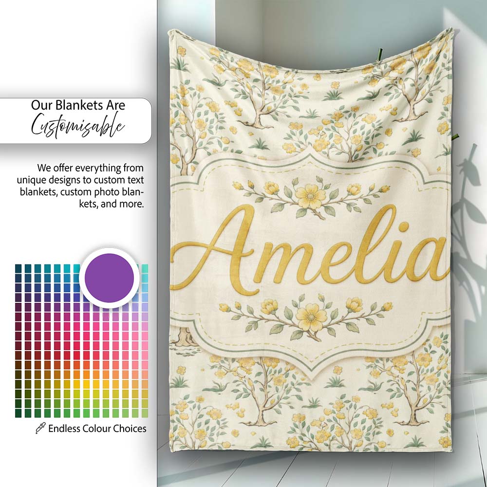 Vintage Floral Tree Design with Yellow Blossoms on Cream Background  Personalised Custom Name Super Soft Fleece Blanket Bed Sofa Throw
