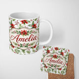 Personalized Custom Name Watercolor Poinsettia Flowers Holly Leave Red Berries Seamless 11oz Ceramic Coffee Tea Mug White Large Handle