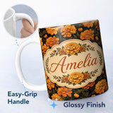 Personalized Custom Name Orange Blossom Floral Seamless Pattern on Black Background Vintage 11oz Ceramic Coffee Tea Mug White Large Handle