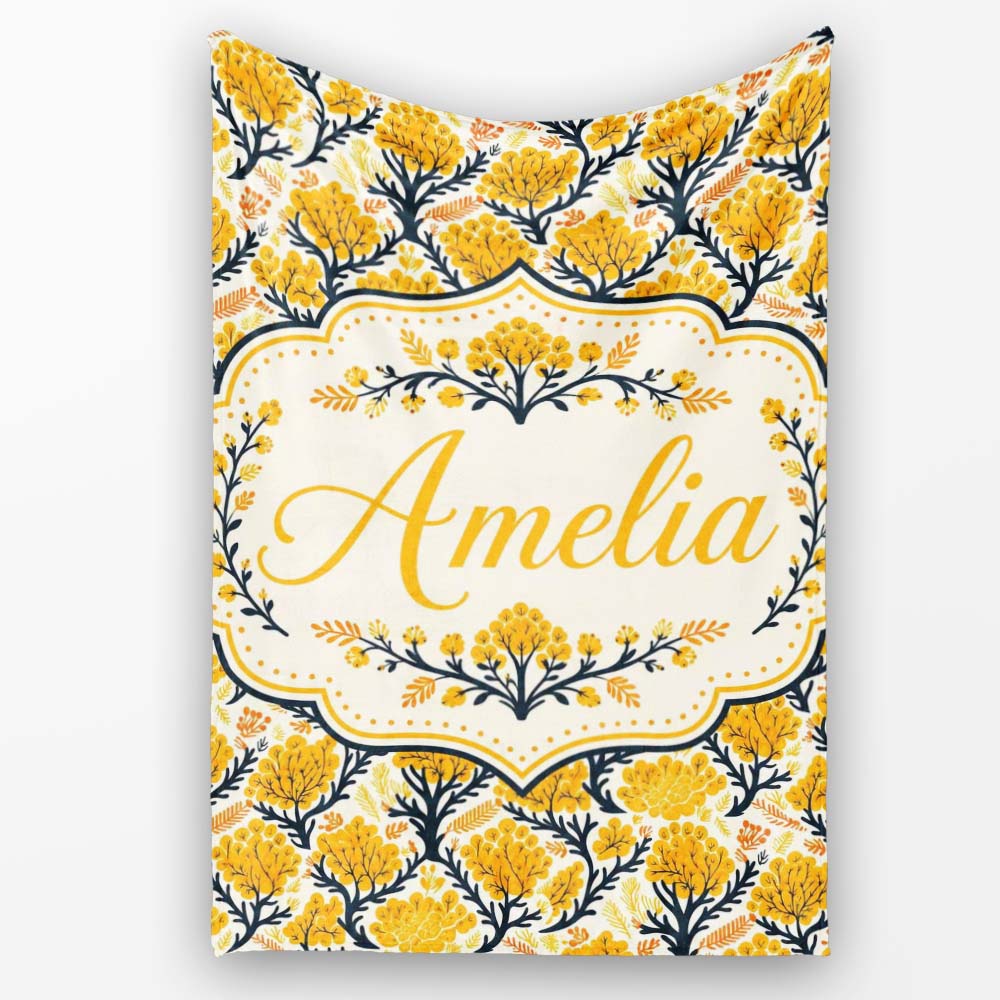 Bold Mustard Yellow Floral Tree Pattern with Dark Branches Modern  Personalised Custom Name Super Soft Fleece Blanket Bed Sofa Throw