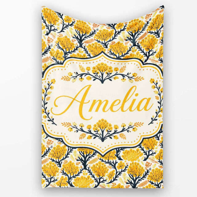 Bold Mustard Yellow Floral Tree Pattern with Dark Branches Modern  Personalised Custom Name Super Soft Fleece Blanket Bed Sofa Throw