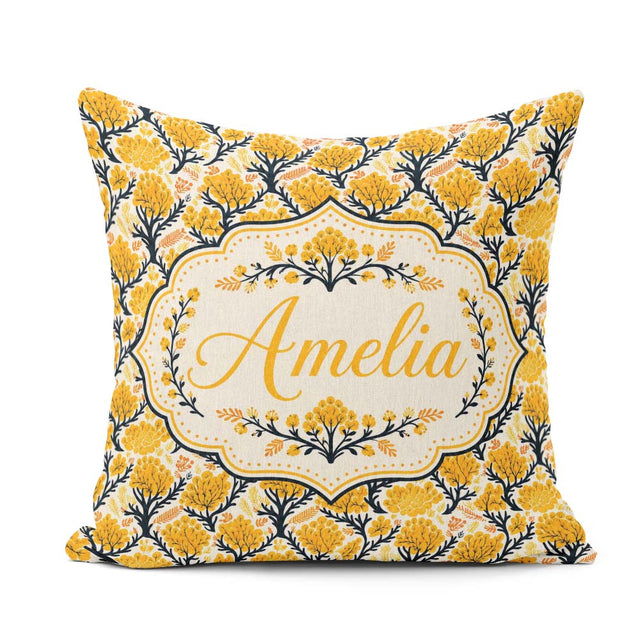 Custom Name Bold Mustard Yellow Floral Tree with Branches Modern Square Filled Cushion Throw Pillow Sofa Bed Home Decor Zip Washable UK Made