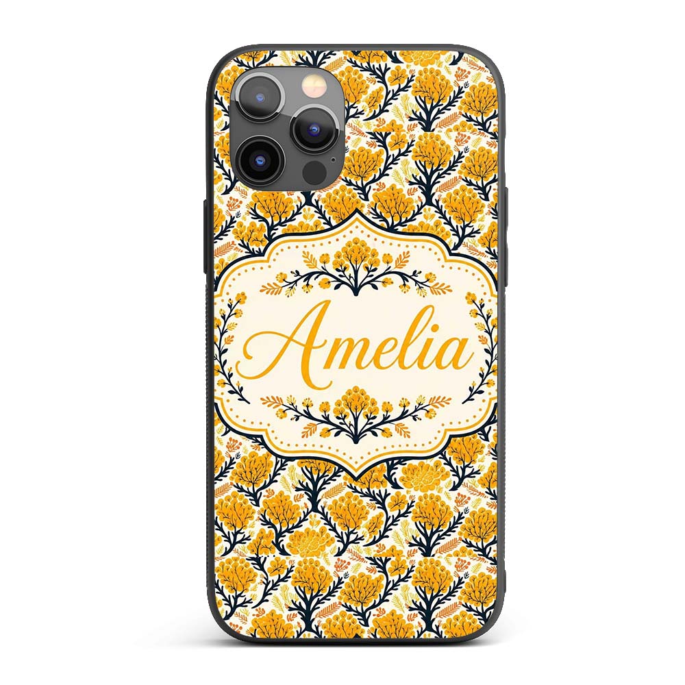 Bold Mustard Yellow Floral Tree Pattern with Dark Custom Name Protective Phone Case Mobile Cover Durable Everyday Smartphone Shock Resistant