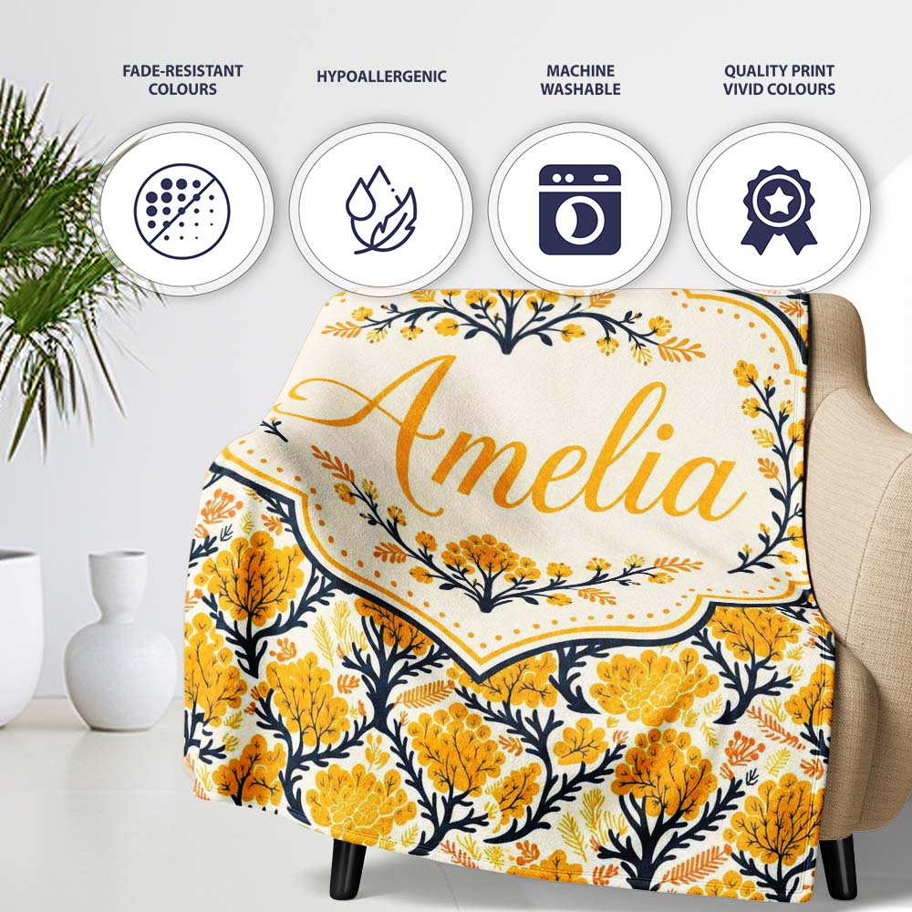 Bold Mustard Yellow Floral Tree Pattern with Dark Branches Modern  Personalised Custom Name Super Soft Fleece Blanket Bed Sofa Throw