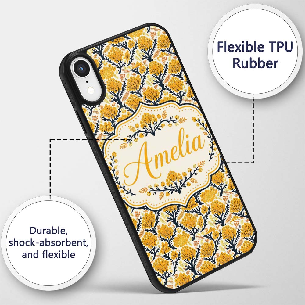 Bold Mustard Yellow Floral Tree Pattern with Dark Custom Name Protective Phone Case Mobile Cover Durable Everyday Smartphone Shock Resistant