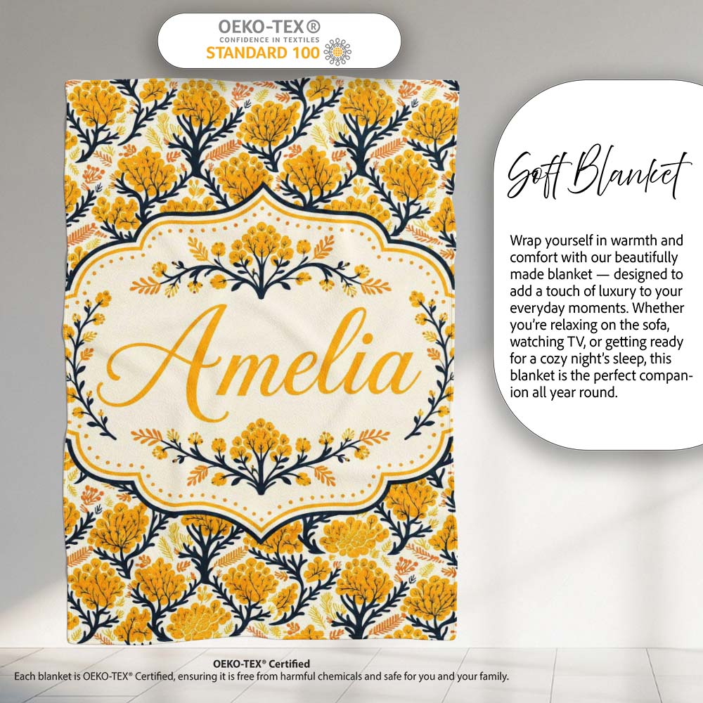 Bold Mustard Yellow Floral Tree Pattern with Dark Branches Modern  Personalised Custom Name Super Soft Fleece Blanket Bed Sofa Throw