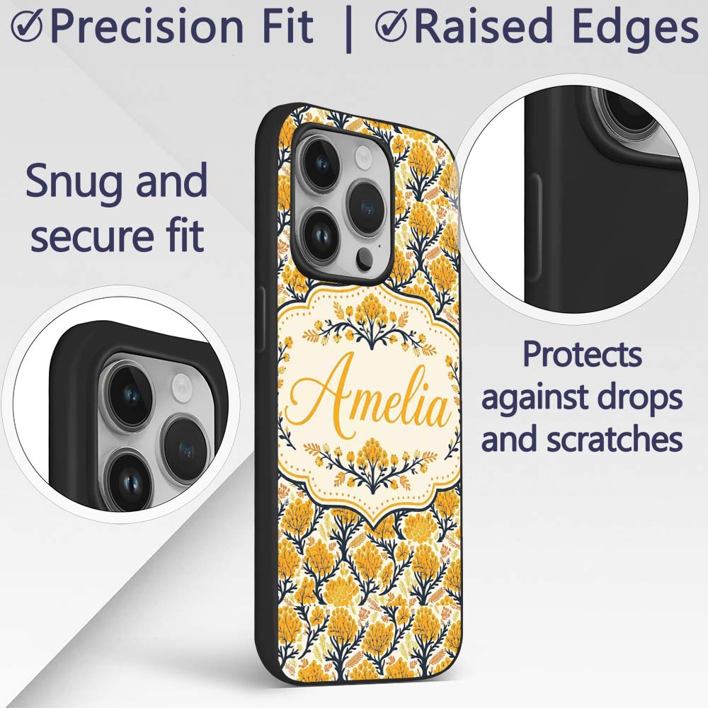 Bold Mustard Yellow Floral Tree Pattern with Dark Custom Name Protective Phone Case Mobile Cover Durable Everyday Smartphone Shock Resistant