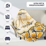Bold Mustard Yellow Floral Tree Pattern with Dark Branches Modern  Personalised Custom Name Super Soft Fleece Blanket Bed Sofa Throw