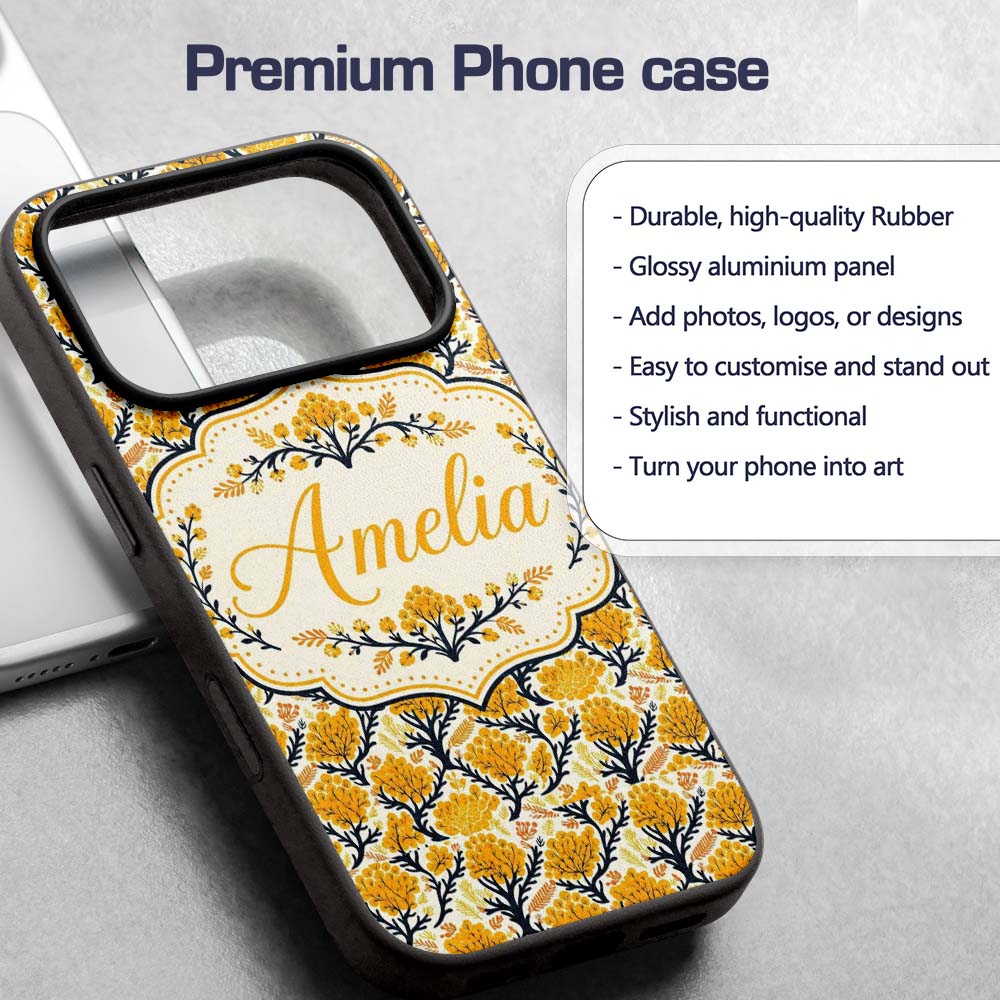 Bold Mustard Yellow Floral Tree Pattern with Dark Custom Name Protective Phone Case Mobile Cover Durable Everyday Smartphone Shock Resistant
